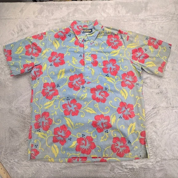 Reyn Spooner Phil Edwards Hawaiian Shirt Mens L Blue Plumeria Floral Popover - Picture 2 of 8